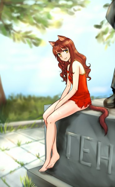 Anime picture 621x1006 with everlasting summer iichan eroge uvao-tan yulya (everlasting summer) orika nekoi single long hair tall image fringe smile brown hair sitting animal ears yellow eyes tail animal tail barefoot cat ears bare legs cat girl