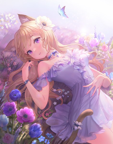 Anime picture 4000x5093 with original prko single long hair tall image looking at viewer blush fringe highres blonde hair purple eyes bare shoulders animal ears absurdres outdoors tail lying nail polish parted lips animal tail