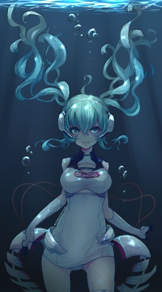 Anime picture 1000x1800 with vocaloid goodsmile racing hatsune miku racing miku racing miku (2014) mst1ng single long hair tall image looking at viewer blush fringe breasts light erotic aqua eyes aqua hair underwater girl gloves underwear