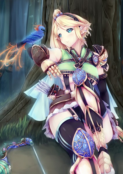 Anime picture 779x1100 with original sawa nao single long hair tall image blush blue eyes light erotic blonde hair looking away pointy ears bird on hand girl gloves plant (plants) animal tree (trees) elbow gloves bird (birds)