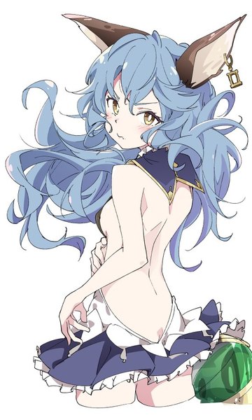 Anime picture 550x916 with granblue fantasy ferri (granblue fantasy) ixy single long hair tall image looking at viewer blush fringe breasts light erotic simple background hair between eyes white background animal ears yellow eyes upper body looking back from behind sideboob