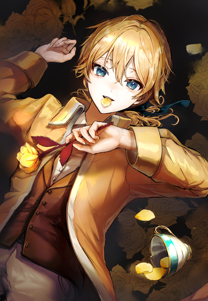 Anime picture 2834x4096 with vocaloid evillious nendaiki aku no meshitsukai (vocaloid) kagamine len pipi single long hair tall image looking at viewer fringe highres blue eyes blonde hair hair between eyes holding upper body mouth hold low ponytail boy flower (flowers)