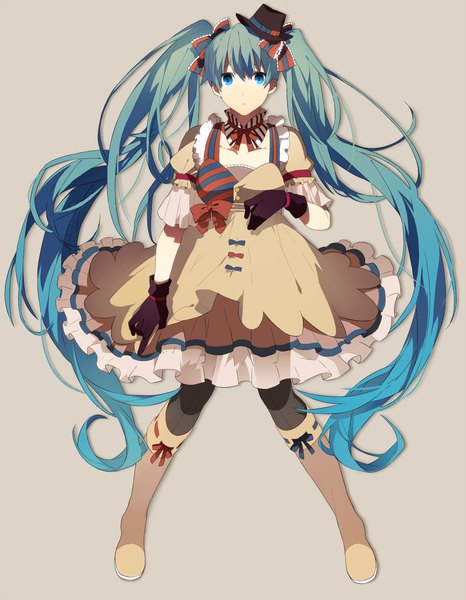 Anime picture 1200x1545 with vocaloid hatsune miku ennui heiwa miku heiwa (murasiho) single tall image looking at viewer blue eyes simple background twintails very long hair aqua hair grey background girl dress gloves hat boots frills