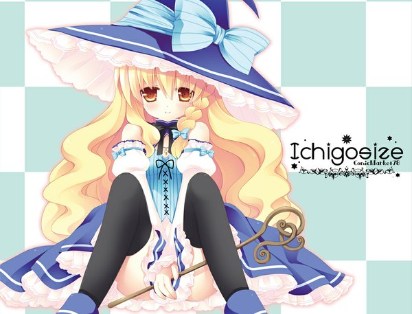 Anime picture 1000x762 with touhou kirisame marisa natsume eri single long hair looking at viewer blush light erotic blonde hair yellow eyes witch checkered background girl thighhighs dress bow black thighhighs detached sleeves witch hat