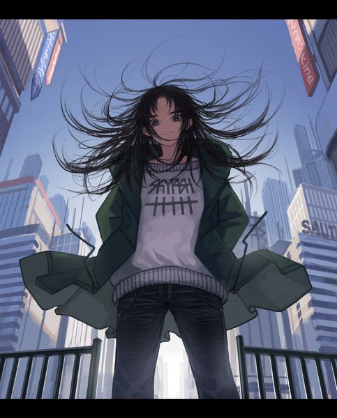 Anime picture 1770x2200 with original kaneni single long hair tall image looking at viewer fringe highres black hair smile sky outdoors wind open jacket from below grey eyes city cityscape hands in pockets smirk