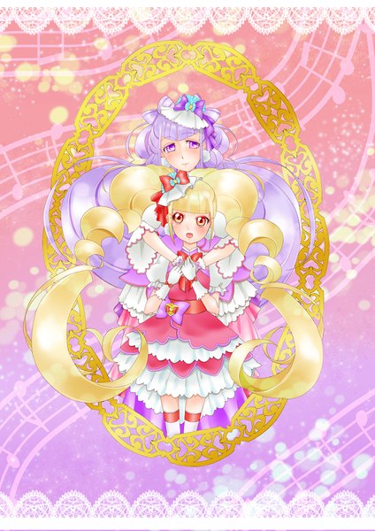 Anime picture 2894x4093 with precure hugtto! precure toei animation ruru amour aisaki emiru cure amour cure macherie sntk8064 long hair tall image blush fringe highres open mouth blonde hair standing twintails purple eyes multiple girls payot