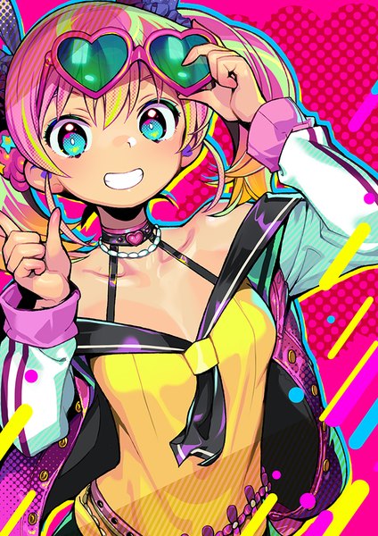 Anime picture 650x919 with dohna dohna kirakira (dohna dohna) shunin single long hair tall image looking at viewer fringe blue eyes smile standing twintails pink hair long sleeves multicolored hair off shoulder official art teeth grin sunglasses on head