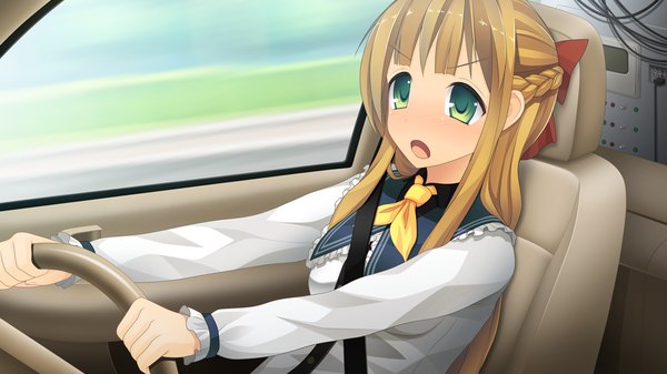 Anime picture 1280x720 with natsuiro asagao residence long hair blush open mouth blonde hair wide image green eyes game cg girl uniform school uniform