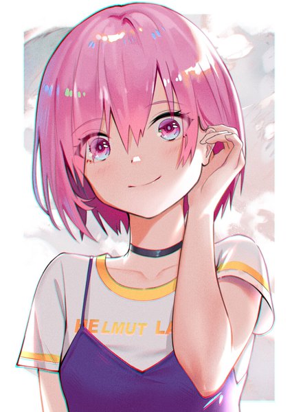Anime picture 900x1270 with fate (series) fate/grand order mash kyrielight le shu single tall image looking at viewer fringe short hair smile hair between eyes pink hair upper body pink eyes adjusting hair girl choker