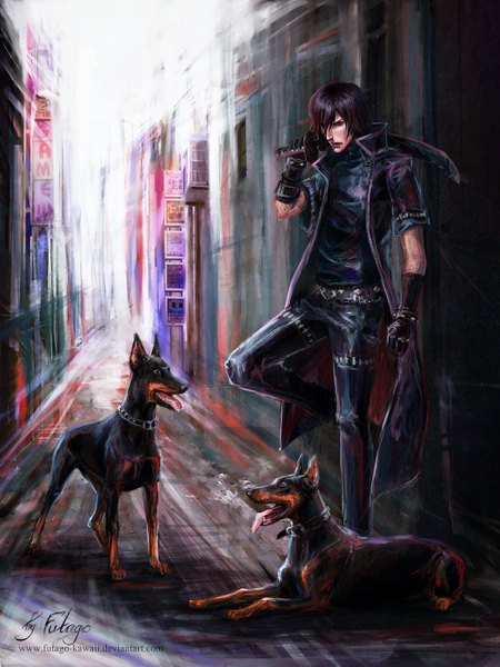 Anime picture 1050x1400 with togainu no chi nitro+chiral shiki (tnc) futago-kawaii single tall image short hair black hair red eyes standing signed street boy gloves sword elbow gloves bracelet belt katana building (buildings)