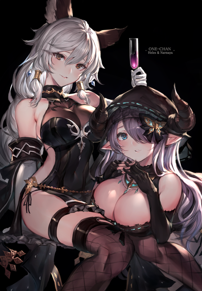 イラスト 1399x2018 と グランブルーファンタジー ナルメア heles わたお 長髪 長身像 赤面 前髪 おっぱい 青い目 light erotic simple background hair between eyes 大きな乳房 座る 肩出し multiple girls holding 茶目 獣耳