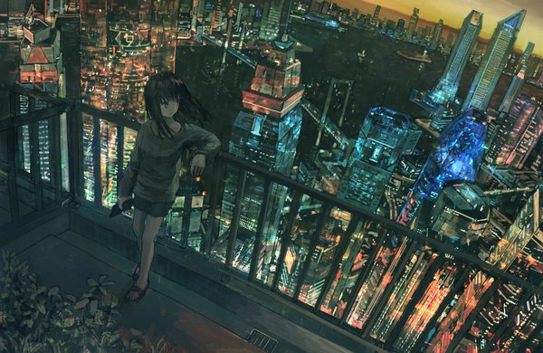 Anime picture 1600x1041 with original tokunaga akimasa single long hair fringe black hair standing holding brown eyes looking away sky full body outdoors long sleeves wind black eyes city evening sunset cityscape