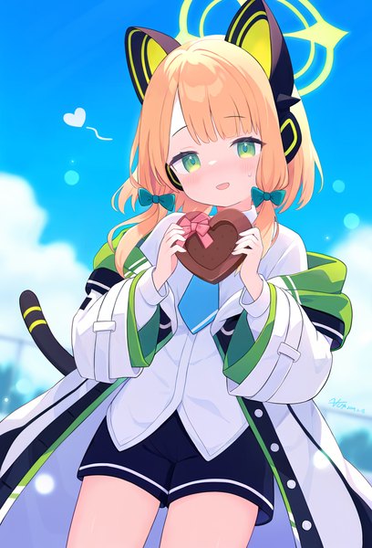Anime picture 1883x2766 with blue archive midori (blue archive) zcx single tall image blush highres short hair open mouth blonde hair green eyes sky cloud (clouds) outdoors :d open jacket sweatdrop valentine tress ribbon girl