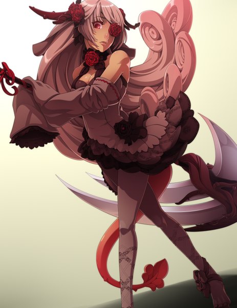 Anime picture 2550x3300 with original jaypao (artist) single long hair tall image looking at viewer highres red eyes bare shoulders hair flower horn (horns) girl dress hair ornament flower (flowers) weapon detached sleeves pantyhose rose (roses) scythe