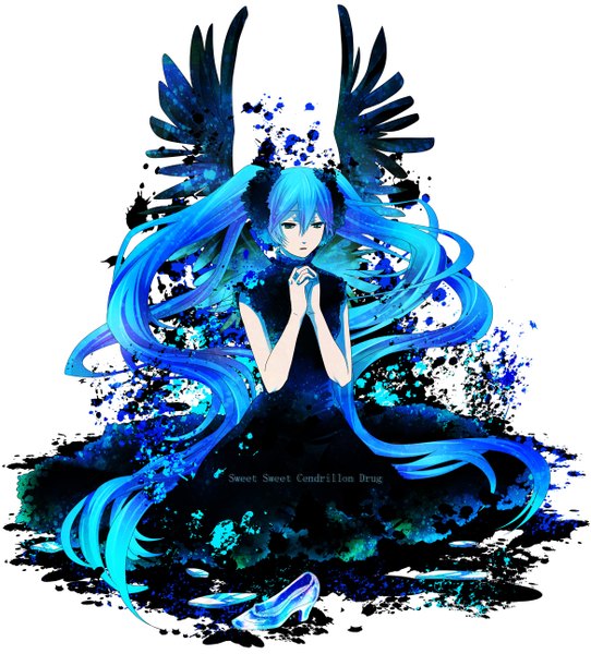 Anime picture 1168x1292 with vocaloid hatsune miku setsu (artist) long hair tall image white background twintails green eyes blue hair holding hands girl dress wings black dress
