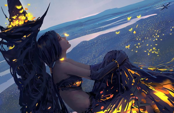 Anime picture 9324x6060 with ghost blade aeolian wlop single long hair highres sitting bare shoulders looking away absurdres sky purple hair outdoors midriff glowing horizon landscape fantasy scenic river