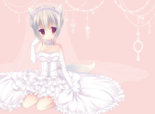 Anime picture 1207x889 with original sumii single looking at viewer blush short hair red eyes animal ears white hair pink background girl dress gloves elbow gloves white gloves wedding dress
