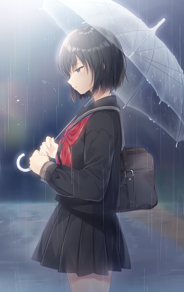 Anime picture 800x1267 with original noda shuha single tall image blush fringe short hair black hair hair between eyes standing holding looking away profile pleated skirt black eyes tears rain sad transparent umbrella girl