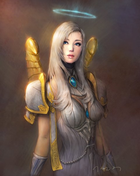 Anime picture 1600x2000 with world of warcraft blizzard entertainment vem single long hair tall image blue eyes looking away grey hair priest girl gloves armor halo spaulder (spaulders)