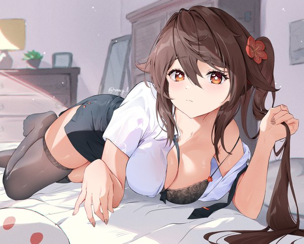 Anime picture 4000x3208 with genshin impact hu tao (genshin impact) vincent leo single long hair looking at viewer blush fringe highres breasts light erotic hair between eyes brown hair large breasts twintails brown eyes signed payot absurdres cleavage