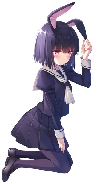 Anime picture 1280x2435 with original na-ga single tall image blush fringe short hair black hair simple background hair between eyes white background animal ears looking away full body long sleeves parted lips pleated skirt pink eyes bunny ears kneeling