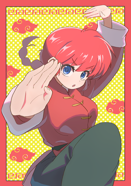 Anime picture 1240x1754 with ranma 1/2 saotome ranma saotome ranma (girl) neko (hansinn) single long hair tall image looking at viewer blue eyes red hair braid (braids) traditional clothes :o single braid border chinese clothes outside border fighting stance girl