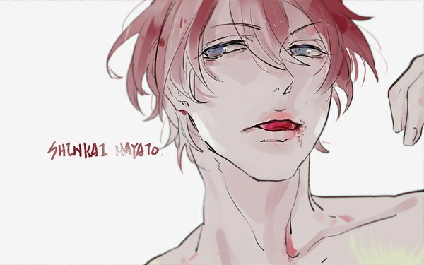 Anime picture 800x500 with yowamushi pedal shinkai hayato cookon single short hair simple background bare shoulders looking away red hair parted lips grey background grey eyes character names portrait boy tongue blood