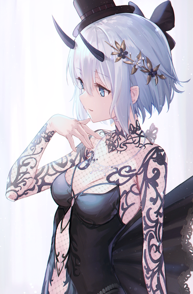 Anime picture 1289x1956 with phantasy star phantasy star online 2 sega kyaroru single tall image fringe short hair breasts blue eyes simple background hair between eyes standing white background looking away cleavage silver hair upper body long sleeves arm up
