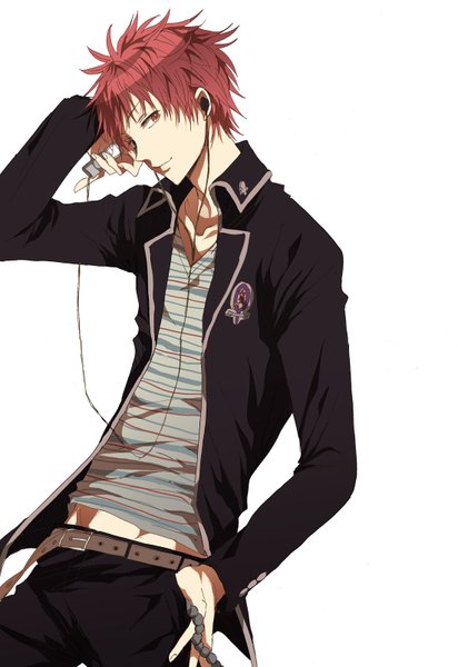 Anime picture 1102x1602 with ao no exorcist a-1 pictures shima renzou yuki (fuguneko) tall image short hair simple background smile red eyes white background red hair striped hand in pocket boy belt headphones beads wire (wires) digital media player prayer beads