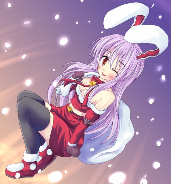 Anime picture 1300x1400 with touhou reisen udongein inaba hiiragi tomoka single long hair tall image blush open mouth smile red eyes bare shoulders purple hair one eye closed wink bunny ears christmas bunny girl merry christmas girl thighhighs
