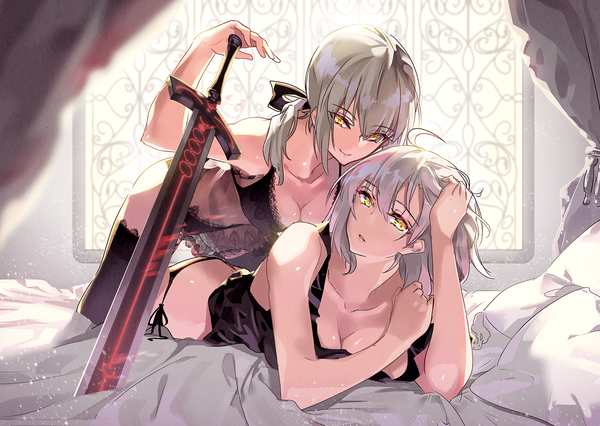 Anime picture 1500x1065 with fate (series) fate/grand order artoria pendragon (all) jeanne d'arc (fate) (all) jeanne d'arc alter (fate) saber alter tsurukame long hair looking at viewer fringe short hair breasts light erotic blonde hair smile hair between eyes multiple girls yellow eyes payot cleavage