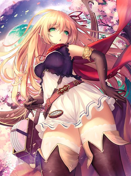 Anime picture 1370x1830 with shadowverse arisa (shadowverse) dk.senie single long hair tall image looking at viewer blush fringe breasts open mouth light erotic blonde hair hair between eyes large breasts standing holding green eyes payot sky