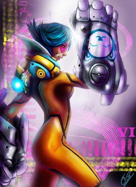 Anime picture 1200x1650 with league of legends vi (league of legends) carlos eduardo single tall image short hair purple eyes blue hair profile girl weapon bodysuit goggles huge weapon