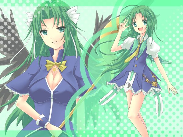 Anime picture 2400x1800 with touhou mima tenhi tsukitori long hair highres open mouth green eyes green hair dual persona girl dress wings