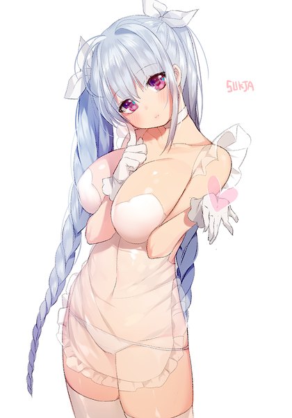 Anime picture 700x1000 with original sorolp single tall image looking at viewer blush fringe breasts light erotic simple background large breasts standing white background twintails signed purple hair ahoge very long hair head tilt pink eyes