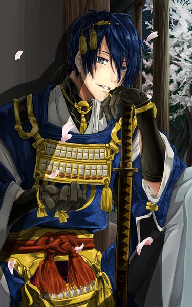 Anime picture 1250x2000 with touken ranbu nitroplus mikazuki munechika tsujimura single tall image fringe short hair blue eyes hair between eyes sitting blue hair looking away traditional clothes parted lips japanese clothes shadow cherry blossoms chin rest boy