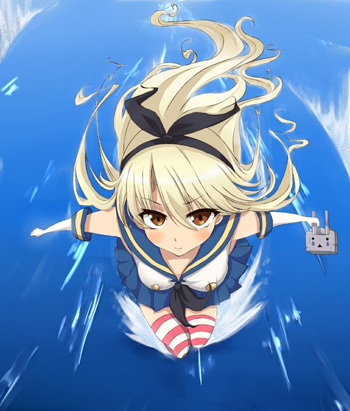 イラスト 1000x1171 と 艦隊これくしょん 島風(艦これ) 連装砲ちゃん nirata ni fumihiko ソロ 長髪 長身像 カメラ目線 赤面 金髪 茶目 女の子 ストッキング 縞ストッキング