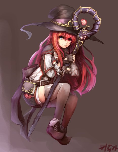 Anime picture 2400x3086 with original kiyuga single long hair tall image looking at viewer highres blue eyes red eyes sitting red hair light smile grey background heterochromia witch girl thighhighs gloves hat black gloves