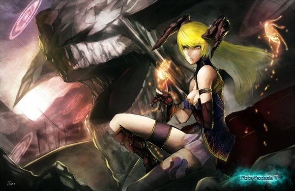 Anime picture 1616x1050 with original pixiv fantasia pixiv fantasia v jjune long hair blonde hair bare shoulders yellow eyes horn (horns) legs magic girl gloves insect butterfly magic circle