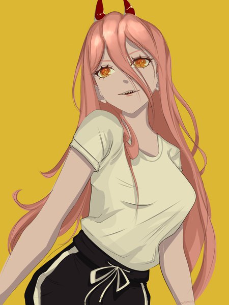 Anime picture 3000x4000 with chainsaw man mappa power (chainsaw man) moonsmess single long hair tall image fringe highres open mouth simple background hair between eyes yellow eyes looking away pink hair horn (horns) demon girl yellow background girl t-shirt