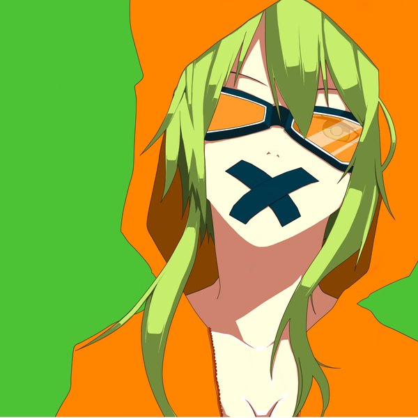 イラスト 1700x1700 と ボーカロイド gumi ソロ 短い髪 simple background 緑の目 green hair green background 女の子 眼鏡 フード ゴーグル 絆創膏 kimobe