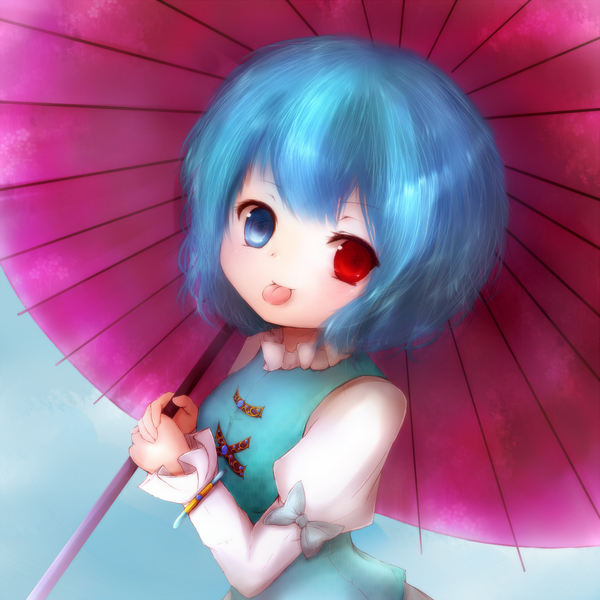 Anime picture 1200x1200 with touhou tatara kogasa amanojaku (artist) single looking at viewer blush short hair blue eyes simple background blonde hair red eyes holding heterochromia portrait :p girl dress tongue umbrella