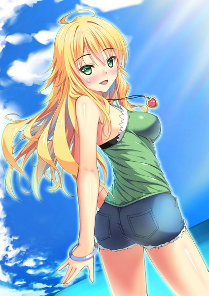 Anime picture 877x1240 with idolmaster idolmaster (classic) hoshii miki jingangshi single long hair tall image looking at viewer blush breasts open mouth blonde hair green eyes sky cloud (clouds) girl shorts bracelet pendant short shorts