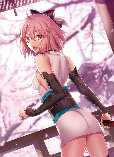 Anime picture 1000x1373 with fate (series) fate/grand order koha-ace okita souji (fate) (all) okita souji (koha-ace) fuyuki (neigedhiver) single tall image looking at viewer fringe short hair breasts open mouth light erotic smile hair between eyes holding yellow eyes pink hair ahoge