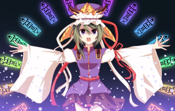 Anime picture 2200x1400 with touhou shikieiki yamaxanadu aru16 single highres short hair open mouth purple eyes green hair spread arms girl cap rod of remorse