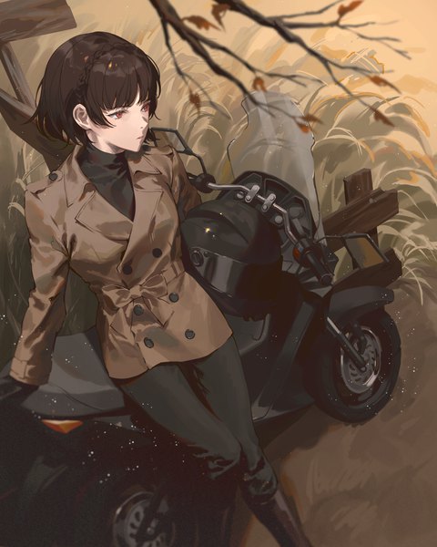 Anime picture 3200x4000 with persona 5 persona niijima makoto fajyobore single tall image fringe highres short hair red eyes brown hair standing looking away absurdres outdoors blunt bangs braid (braids) long sleeves from above arm support