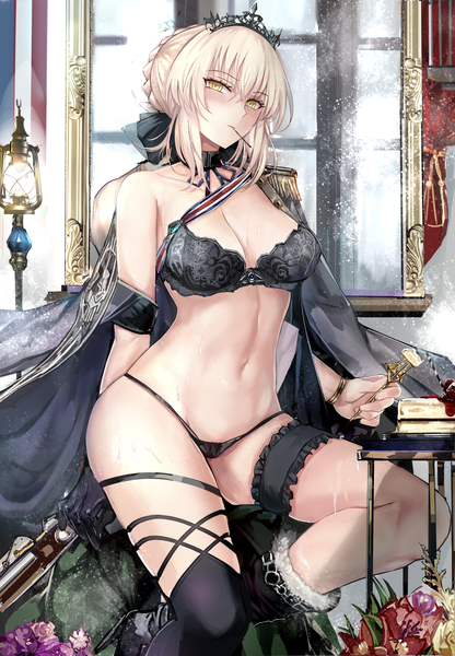 Anime picture 1500x2160 with fate (series) fate/grand order artoria pendragon (all) saber alter misaka 12003-gou single tall image looking at viewer blush fringe short hair breasts light erotic blonde hair sitting holding yellow eyes payot cleavage wet