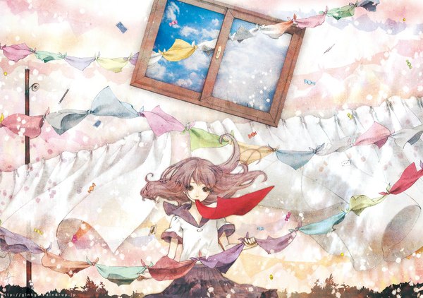 Anime picture 1185x834 with original matsutori single long hair brown hair brown eyes sky cloud (clouds) wind mouth hold girl uniform school uniform food window sweets card (cards)