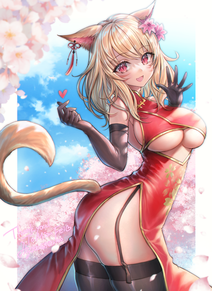 Anime picture 1215x1665 with final fantasy final fantasy xiv square enix miqo'te mirukurim single long hair tall image looking at viewer fringe breasts open mouth light erotic blonde hair smile red eyes large breasts standing bare shoulders animal ears
