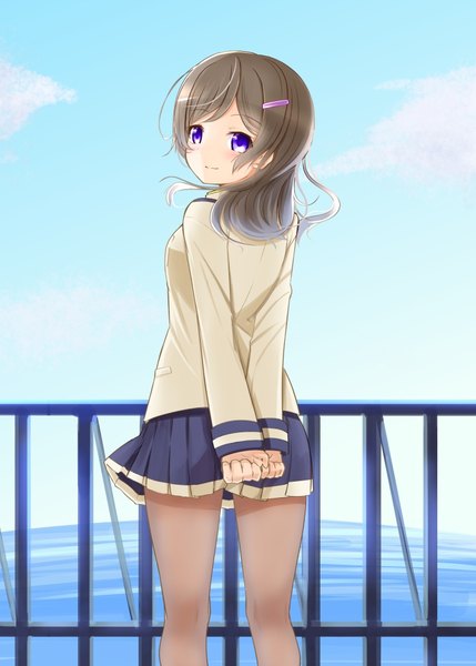 Anime picture 715x1000 with high school fleet china moeka aoi usagi (marinebluerabbit) single long hair tall image blush brown hair purple eyes looking away sky cloud (clouds) looking back light smile from behind hands behind back girl uniform school uniform pantyhose